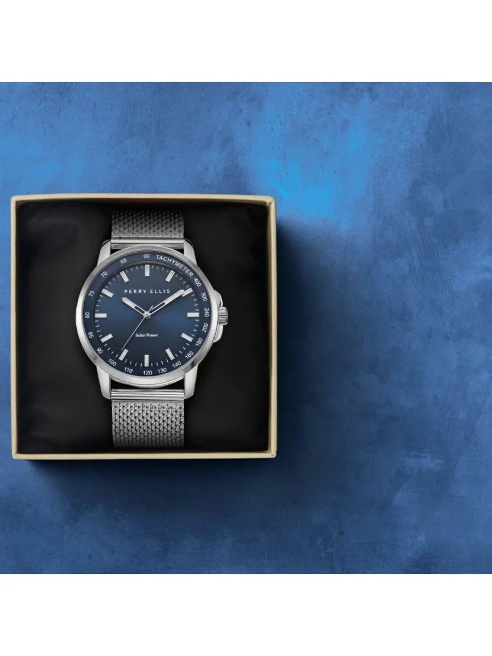 Mens Silver Blue Steel Mesh Band Aluminum Tachymeter Bezel Water-Resistant Watch
